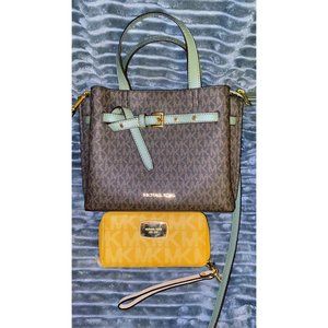 Michael Kors Emilia Brown Acorn and Army Green and Michael Kors wallet